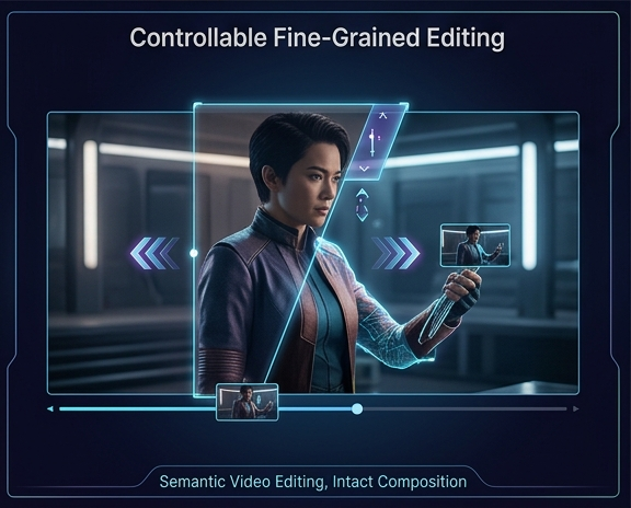 Demostración de la edición controlable de grano fino en Seedance 2.5 que muestra actualizaciones selectivas del vestuario y la utilería del personaje
