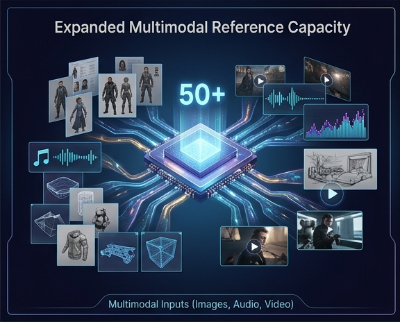 Diagrama que muestra la capacidad ampliada de referencia multimodal de Seedance 2.5 que admite hasta 50 activos de referencia simultáneos