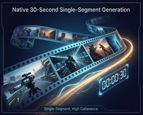 Representación visual de la generación nativa de video de un solo segmento de 30 segundos que compara el flujo continuo con las secuencias unidas