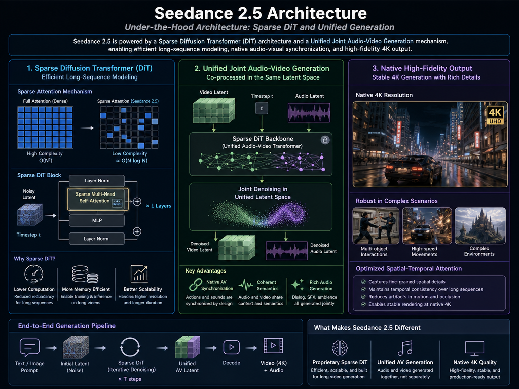 Diagrama de bloques general de la arquitectura técnica de Seedance 2.5 que presenta el Transformer de Difusión Dispersa (DiT) y la generación conjunta de audio y video